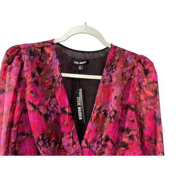 STEVE MADDEN Women's Azura Floral-Print V-Neck Peplum Pink Top Size Medium - Picture 4 of 13